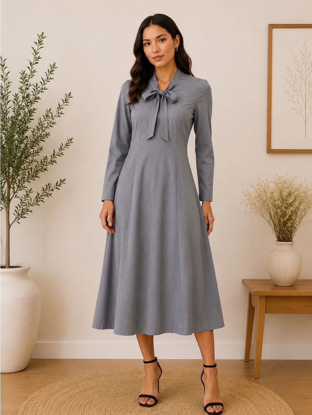 Aly Daly Gray Tie Neck Midi Dress Medium